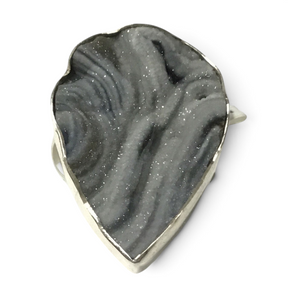 Natural desert druze heart ring, gray-white banded druzy in silver bezel