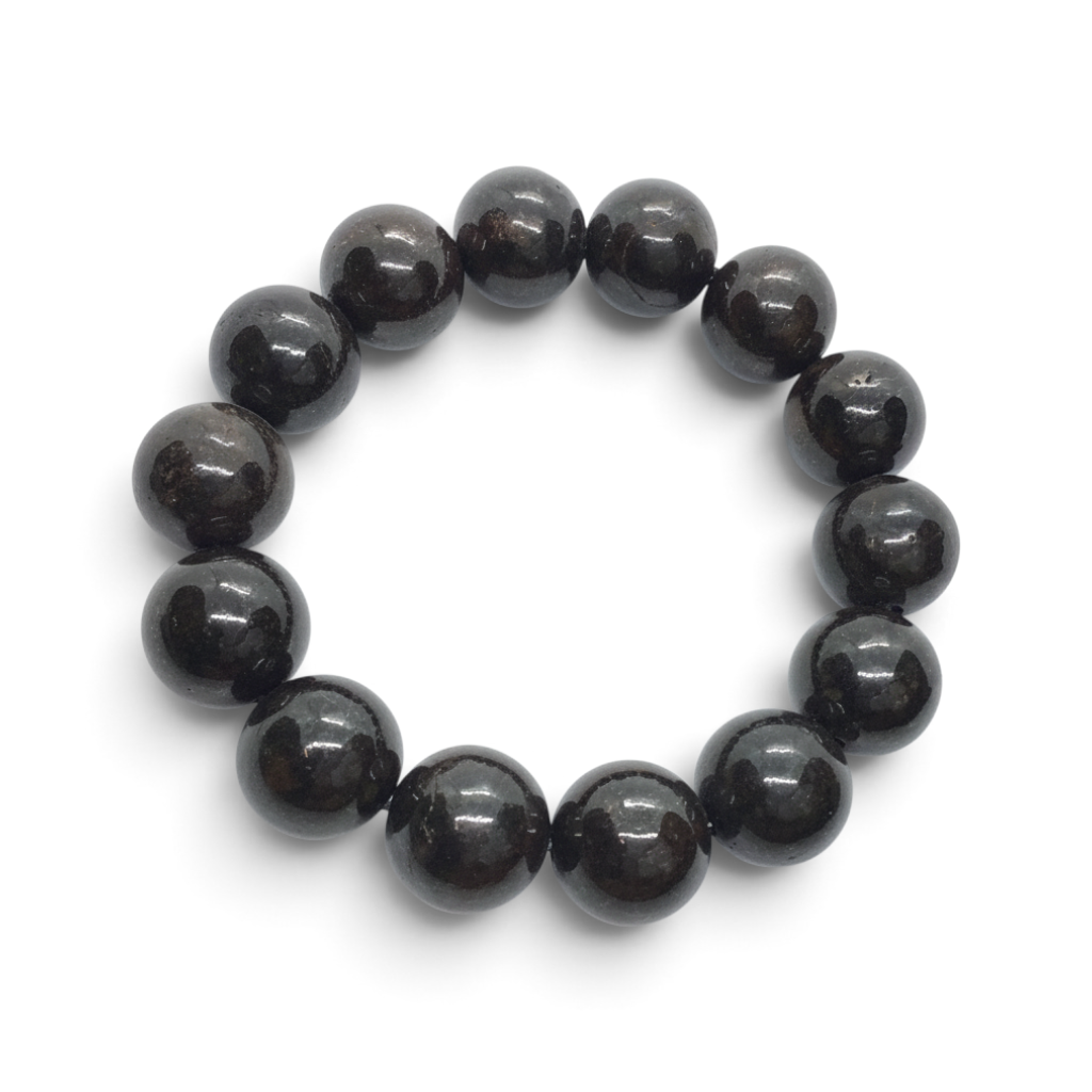 Rare Earth Gallery chondrite meteorite beaded bracelet featuring polished 14 mm round dark grey stone beads