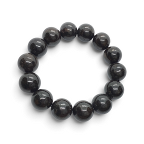 Rare Earth Gallery chondrite meteorite beaded bracelet featuring polished 14 mm round dark grey stone beads