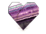 Rainbow Fluorite Heart - Flat with Faceted Faces on Lucite Stand (Diagonal Purple & Green & Clear Banding with Opaque Stripes at Tip)