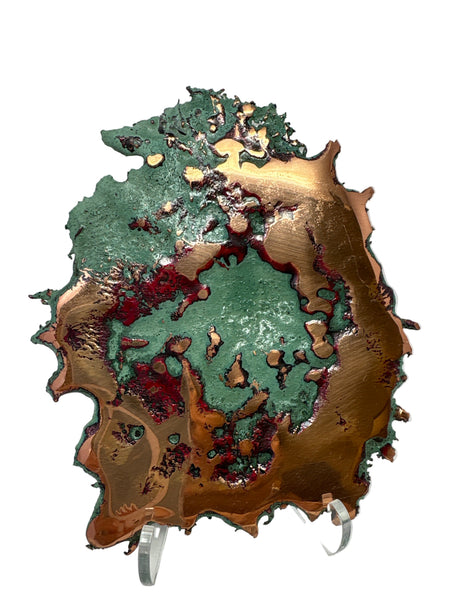Michigan splash copper upright on acrylic stands, green patina with a copper sweep and crimson cuprite