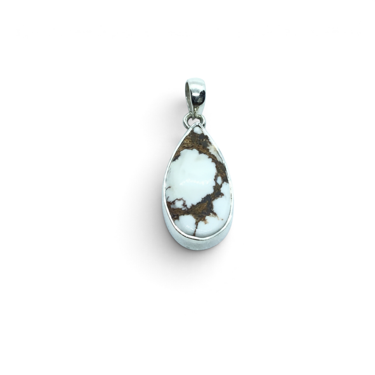 Rare Earth Gallery pear-shaped Howlite Wild Horse pendant with brown matrix in a 925 sterling silver bezel setting.