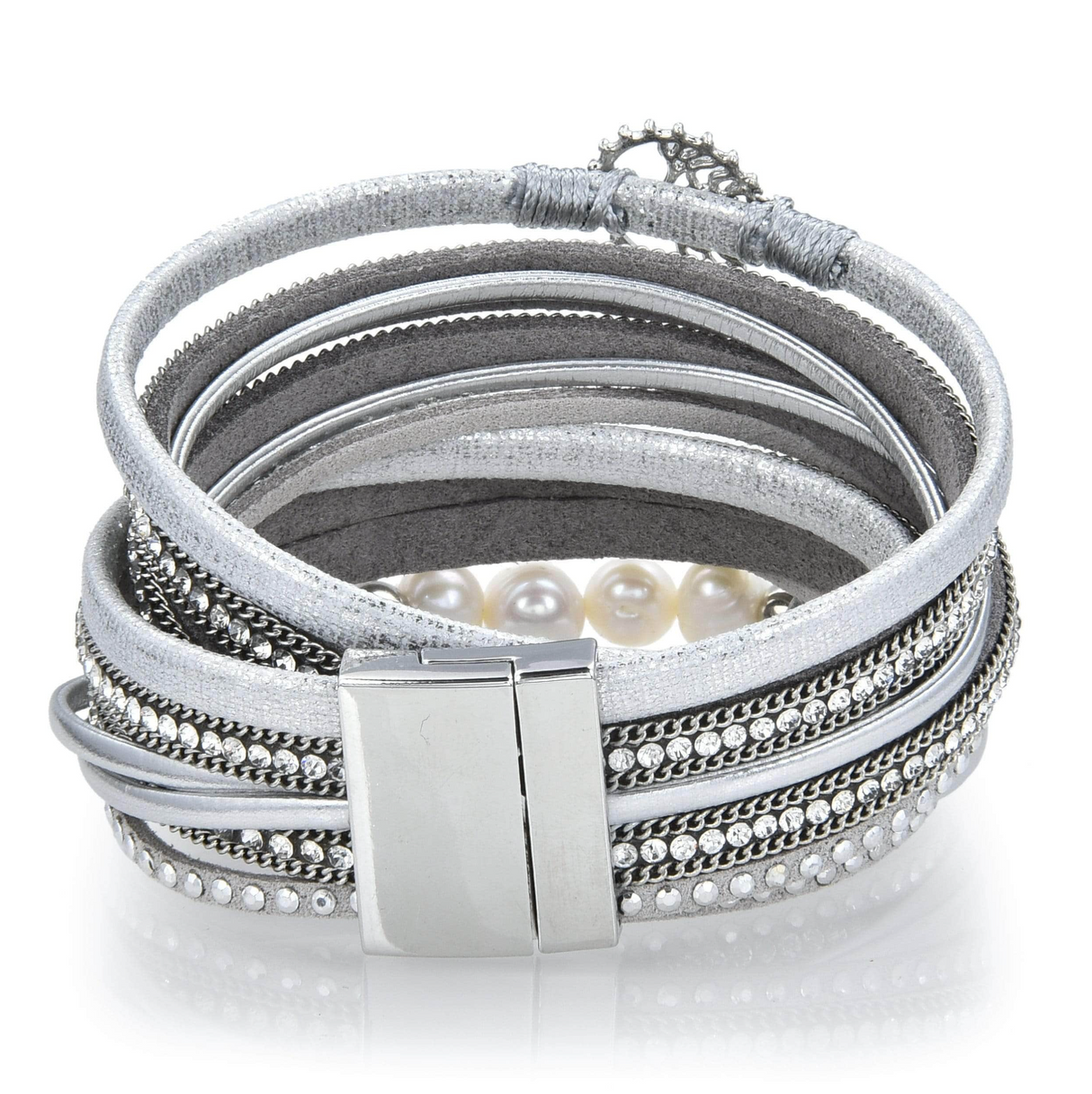 Tree Of Life Design Silver Leather & Pearls Double Wrap Bracelet with Magnetic Clasp - Sacred Geometry