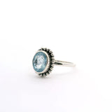 Aquamarine Ring - Faceted Oval Bezel Set in Beaded Flower Setting in Simple 925 Sterling Silver sz6