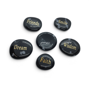 Rare Earth Gallery polished black snowflake obsidian wishing stones engraved with gold inspirational words