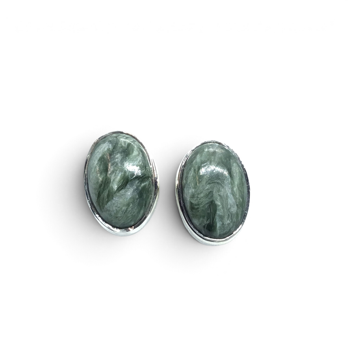 View of Seraphinite Stud Earrings - Simple Oval Cabochon With Silver Bezel