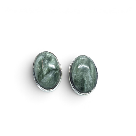 View of Seraphinite Stud Earrings - Simple Oval Cabochon With Silver Bezel