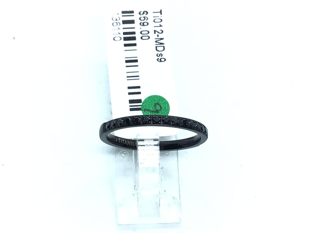 Titanium ring, 2mm black IP plated band with white CZ pave set across half