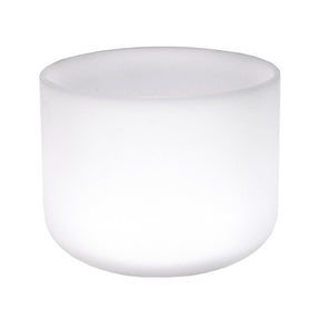 Matte-white 8-inch frosted quartz crystal singing bowl viewed straight on