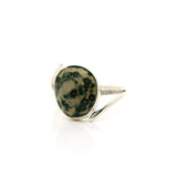 Ocean Jasper Ring - Faceted Freeform with Multiple Open Green Orbs on Tan Background Bezel Set on Double Offset Band in 925 Sterling Silver sz9