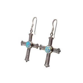 View of Blue Opal Cross Earrings -Sky Blue Round Opal