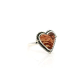 Red Jasper Ring - Heart Cabochon with Large Peach Striations & X-Shaped Black Inclusion Bezel Set with Rope Detail in Simple 925 Sterling Silver sz7