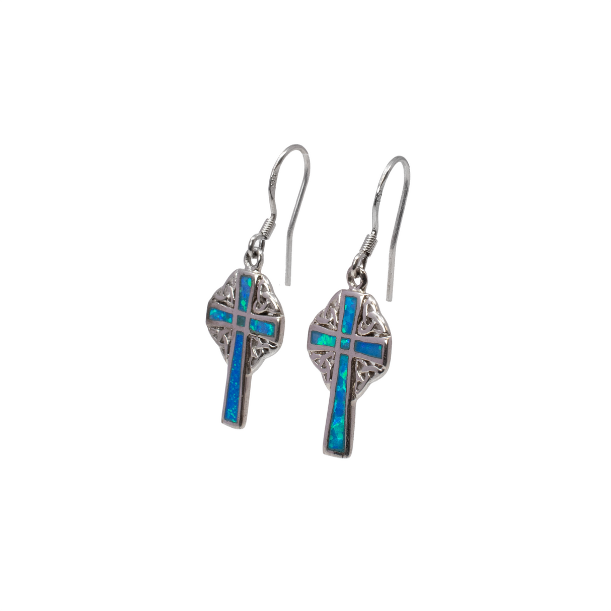 View of Blue Opal Inlay Cross Earrings With Filigree