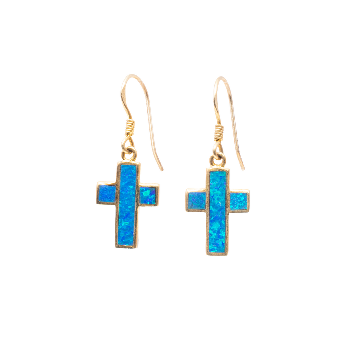 View of Blue Opal Cross Earrings With Gold Vermeil