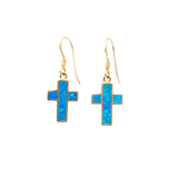 View of Blue Opal Cross Earrings With Gold Vermeil