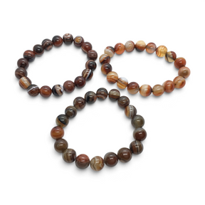 Rare Earth Gallery carnelian and sardonyx 10mm round bead bracelets featuring natural banded earth-tone patterns.
