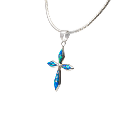 View of Blue Opal Cross Pendant -Mini With Sharp Points