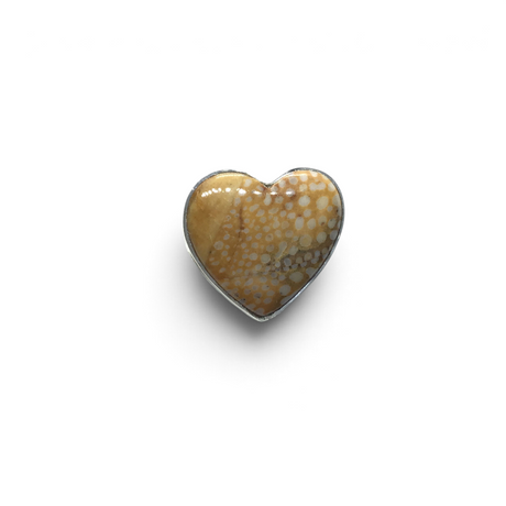 Fawn jasper heart ring, golden ochre cabochon with ivory orbicular spots in silver bezel