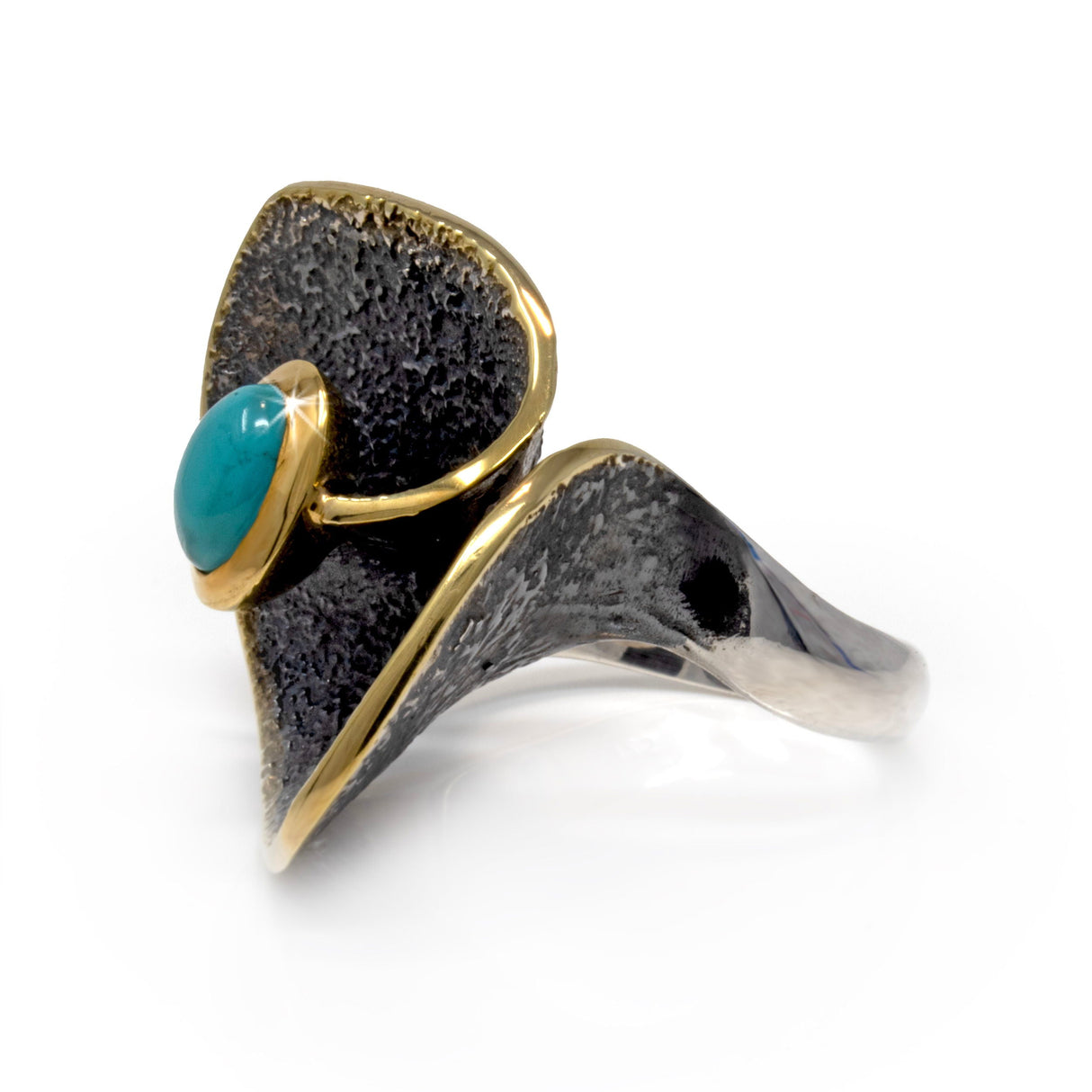 New Mexico (Campositos) Turquoise Ring - Oval Cabochon Set on Textured Oxidized Sterling Silver Flower Petal Band Top with Gold Vermeil Accents Size 9.5