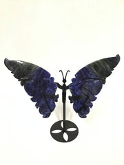 Pair of sodalite butterfly wing carvings in blue and gray banding, mounted on a black metal butterfly stand