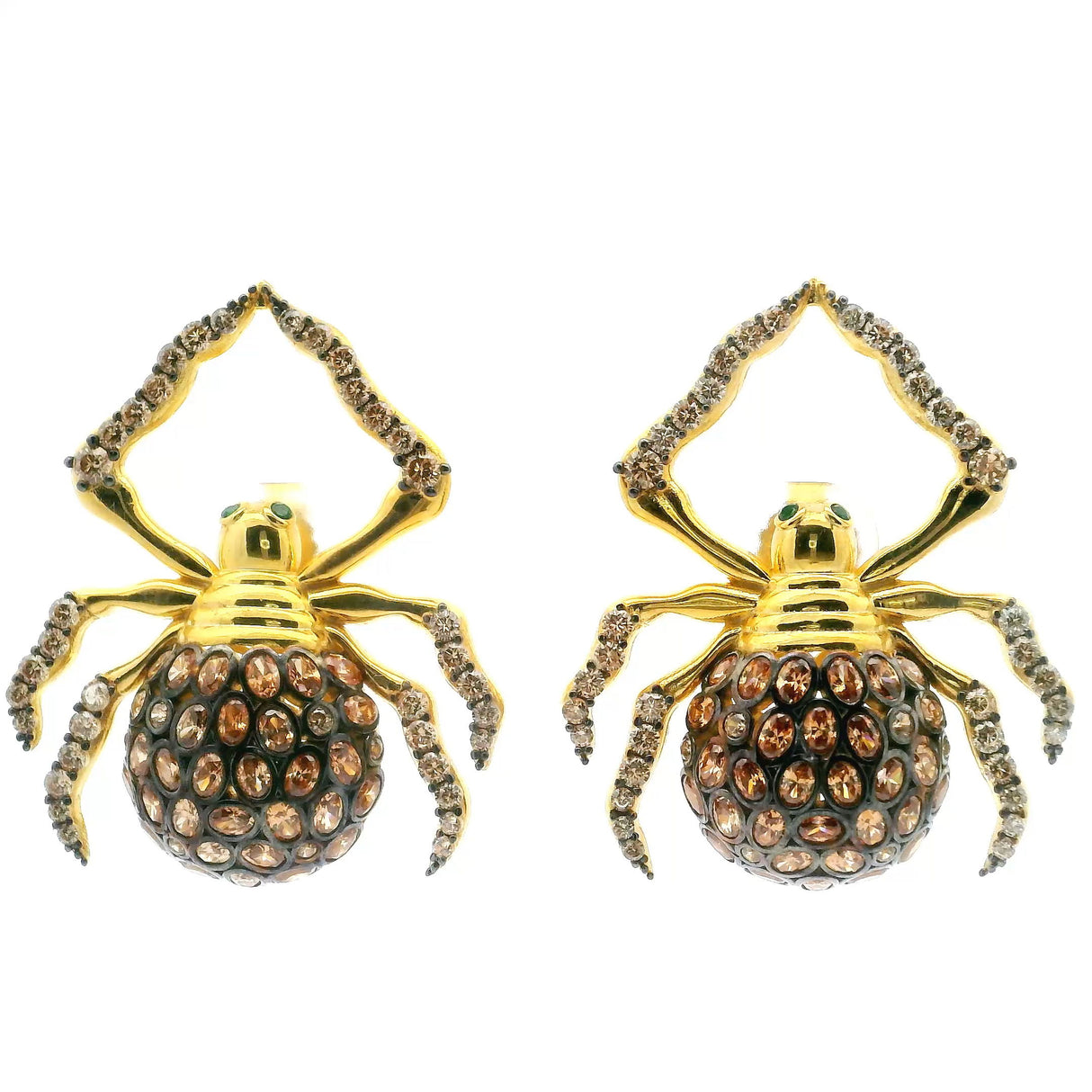 Nano Stone Stud Earrings - Citrine Spider with Green Eyes in Gold Vermeil over 925 Sterling Silver