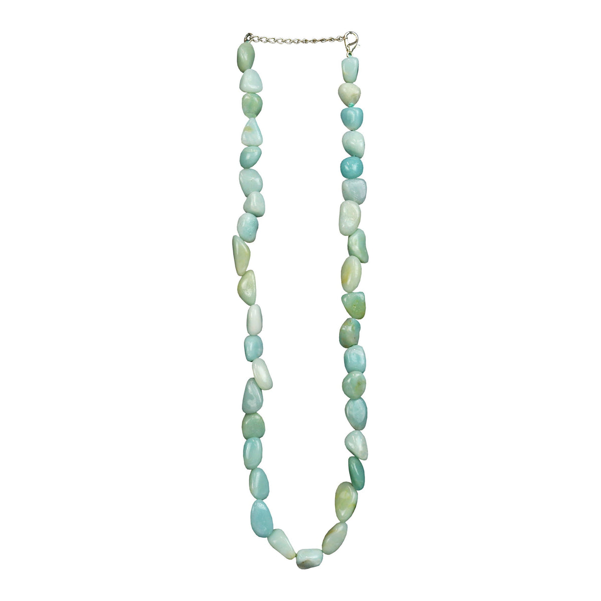 Amazonite necklace of tumbled pale blue-green stones on adjustable chain; flat lay