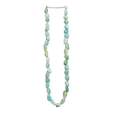 Amazonite necklace of tumbled pale blue-green stones on adjustable chain; flat lay