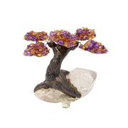 Ametrine gemstone tree with amethyst and citrine chip foliage and dark trunk on a clear quartz point base