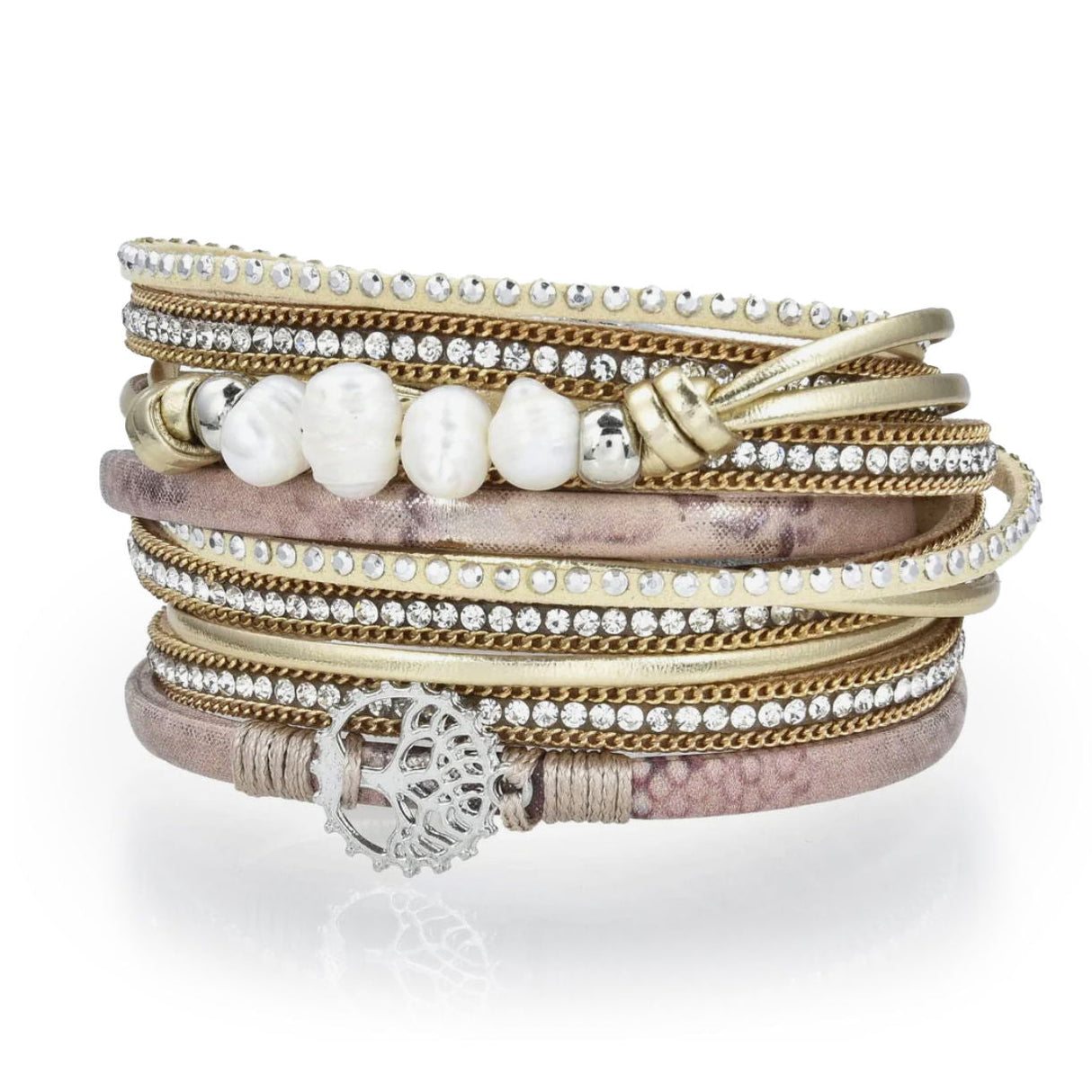 Tree of Life Design Gold Leather & Pearls Double Wrap Bracelet with Magnetic Clasp - Sacred Geometry
