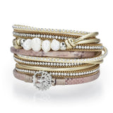 Tree of Life Design Gold Leather & Pearls Double Wrap Bracelet with Magnetic Clasp - Sacred Geometry