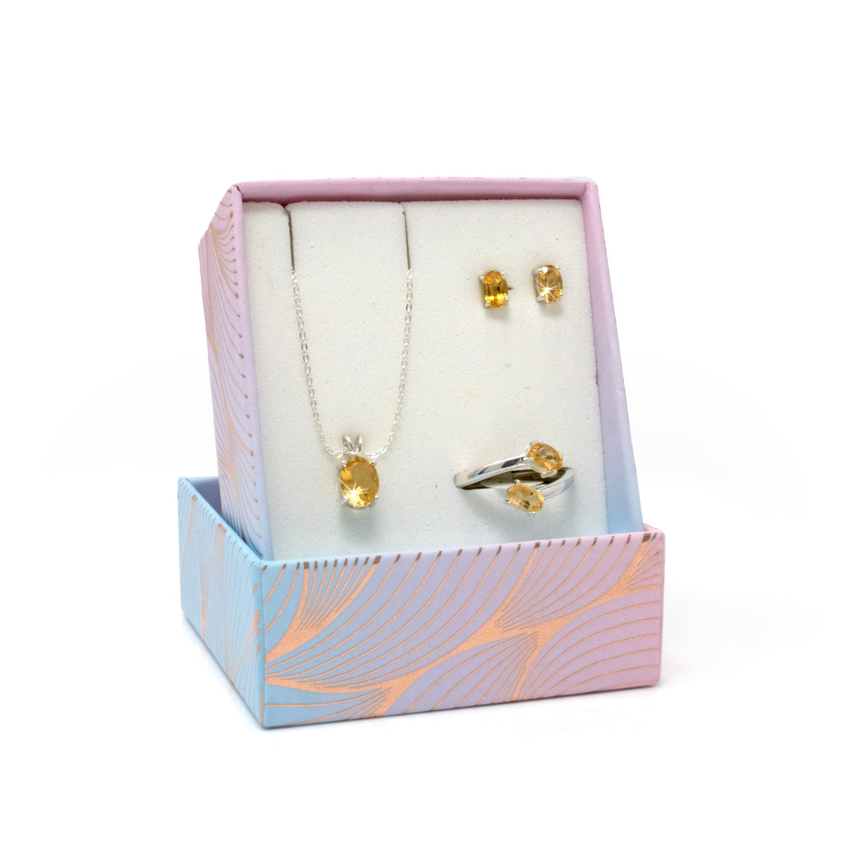 Faceted Citrine Set with Necklace & Stud Earrings & Duo Ring with Open Top - Faceted Prong Set Oval Size 7