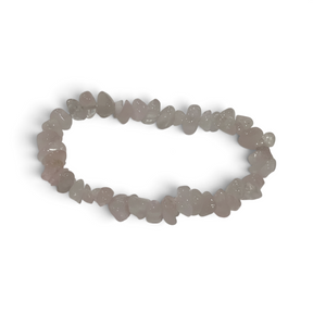 Rare Earth Gallery rose quartz chip bracelet featuring polished light pink crystal fragments on an elastic band.