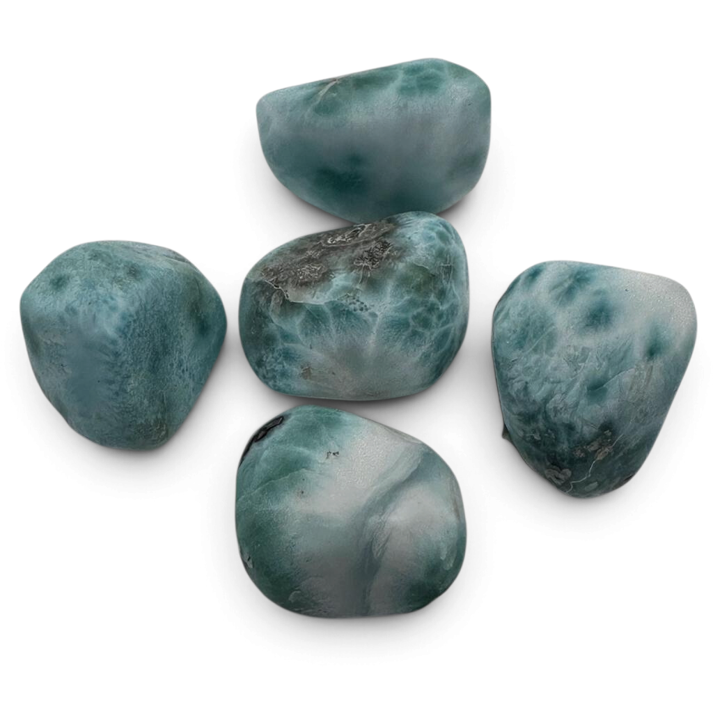 Rare Earth Gallery tumbled larimar stones with a smooth matte finish in shades of seafoam green and white.