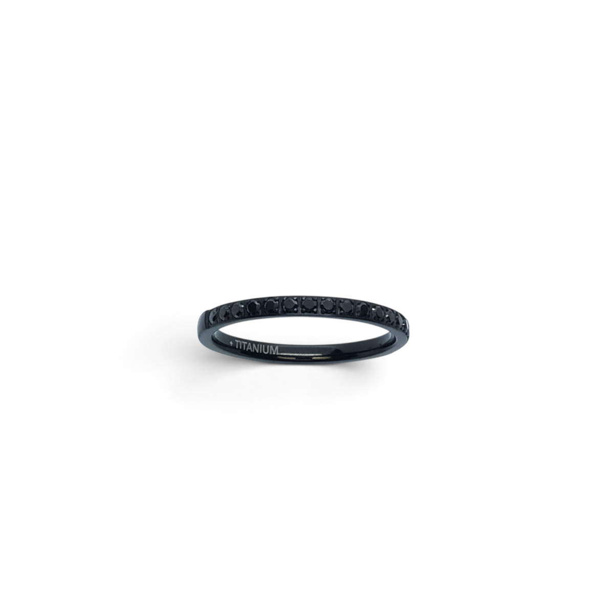 Rare Earth Gallery 2mm titanium ring with black IP plating and a row of sparkling white cubic zirconia stones