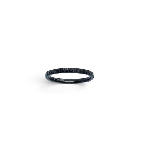Rare Earth Gallery 2mm titanium ring with black IP plating and a row of sparkling white cubic zirconia stones