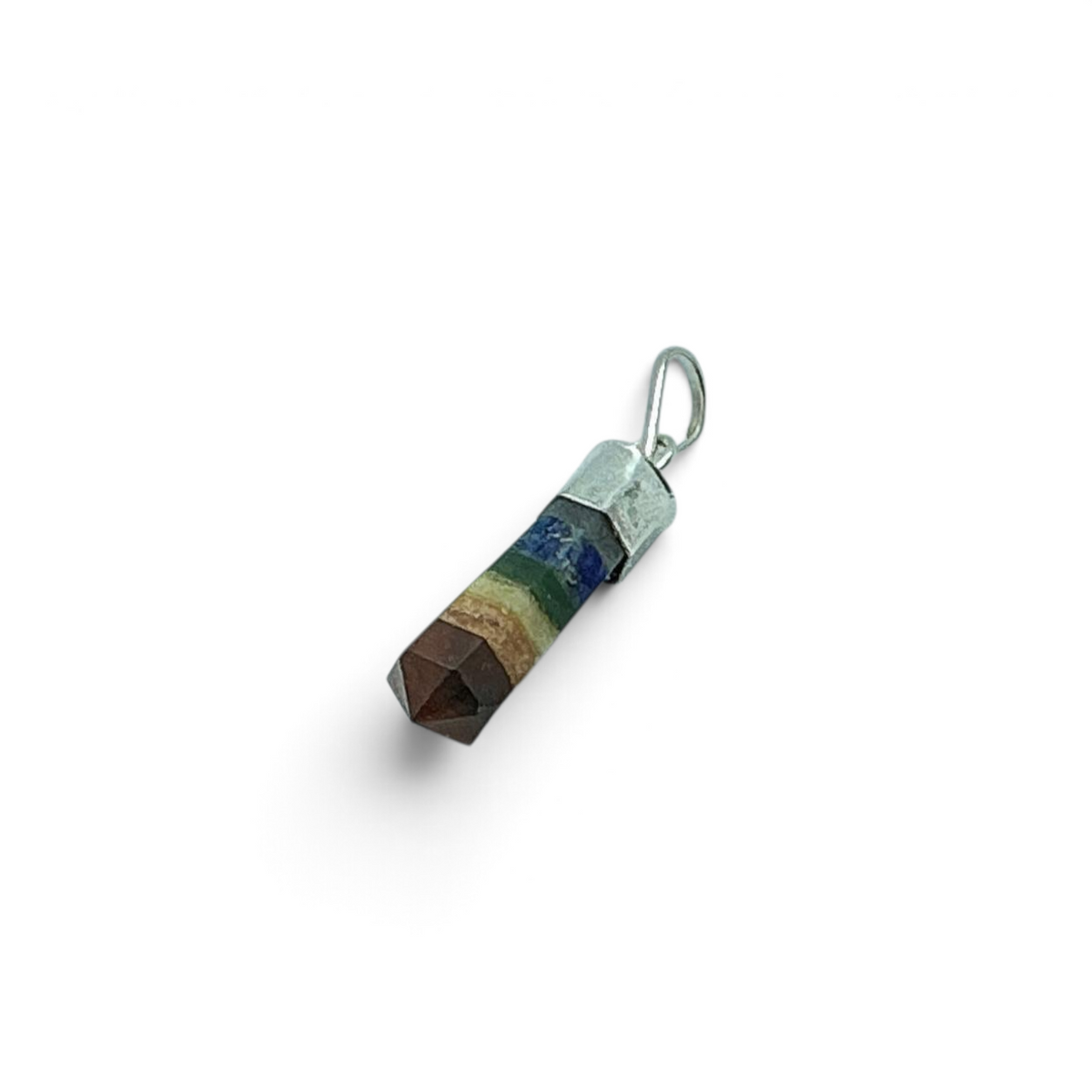Rare Earth Gallery 7 Chakra point pendant featuring stacked multi-colored gemstones with a silver bail.