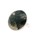 Moss Agate Ring - Round Cabochon Bezel Set in Simple 925 Sterling Silver szAdj