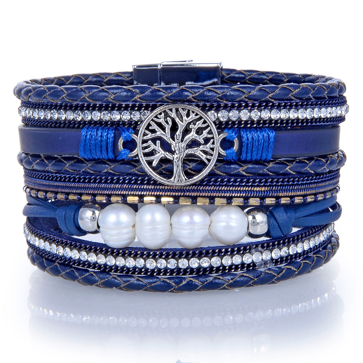 Navy Tree of Life Multi Wrap Bracelet - Sacred Geometry with Magnetic Clasp