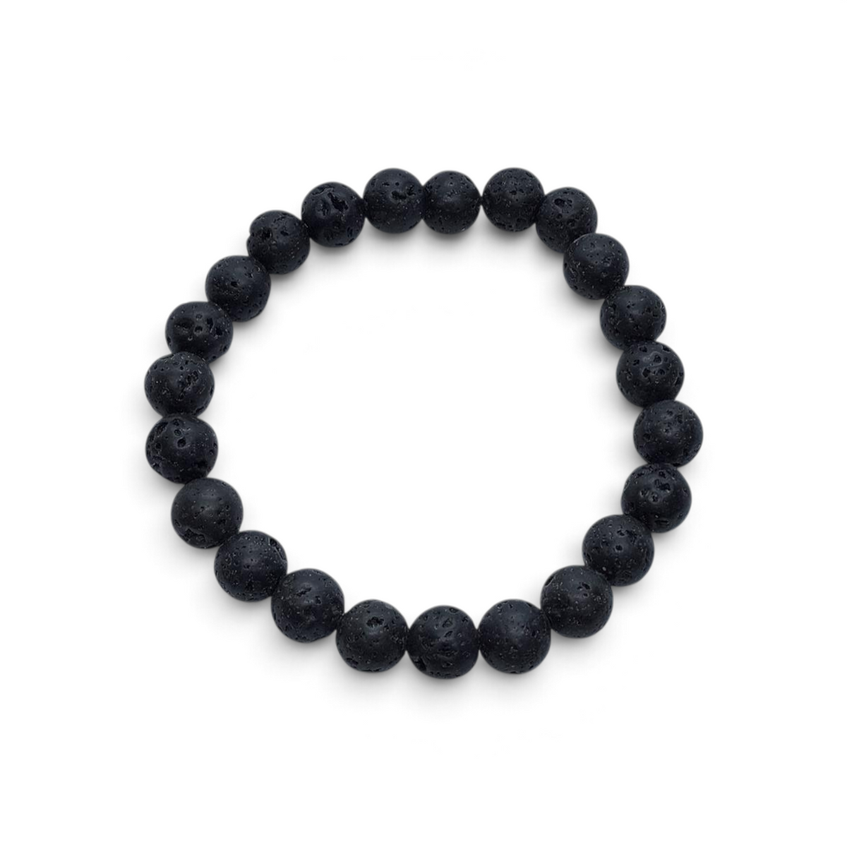 Rare Earth Gallery 8mm black lava stone bead bracelet with a natural porous texture on a white background