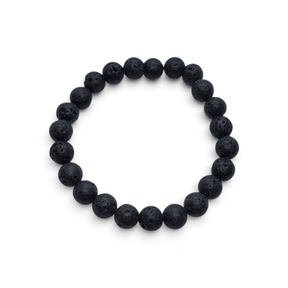 Rare Earth Gallery 8mm black lava stone bead bracelet with a natural porous texture on a white background