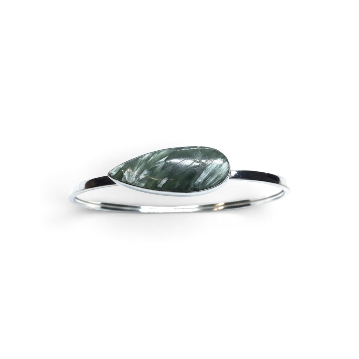 Rare Earth Gallery seraphinite twist bracelet featuring an elongated east-west set pear cabochon in a silver bezel.