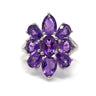 Amethyst Ring with 9 Faceted Stones in Shape of Dahlia Flower Set on Silver Band with Cutout Top - Prong Set
