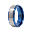 8mm tungsten carbide ring, brushed silver band with electric blue inner sleeve, shown at three-quarter angle