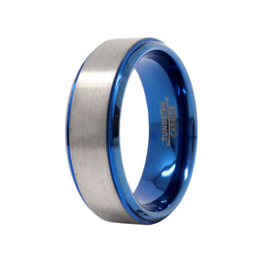 8mm tungsten carbide ring, brushed silver band with electric blue inner sleeve, shown at three-quarter angle