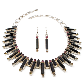 View of Green Tourmaline Crystal Necklace And Earring Set With Green & Pink Round Cabochons