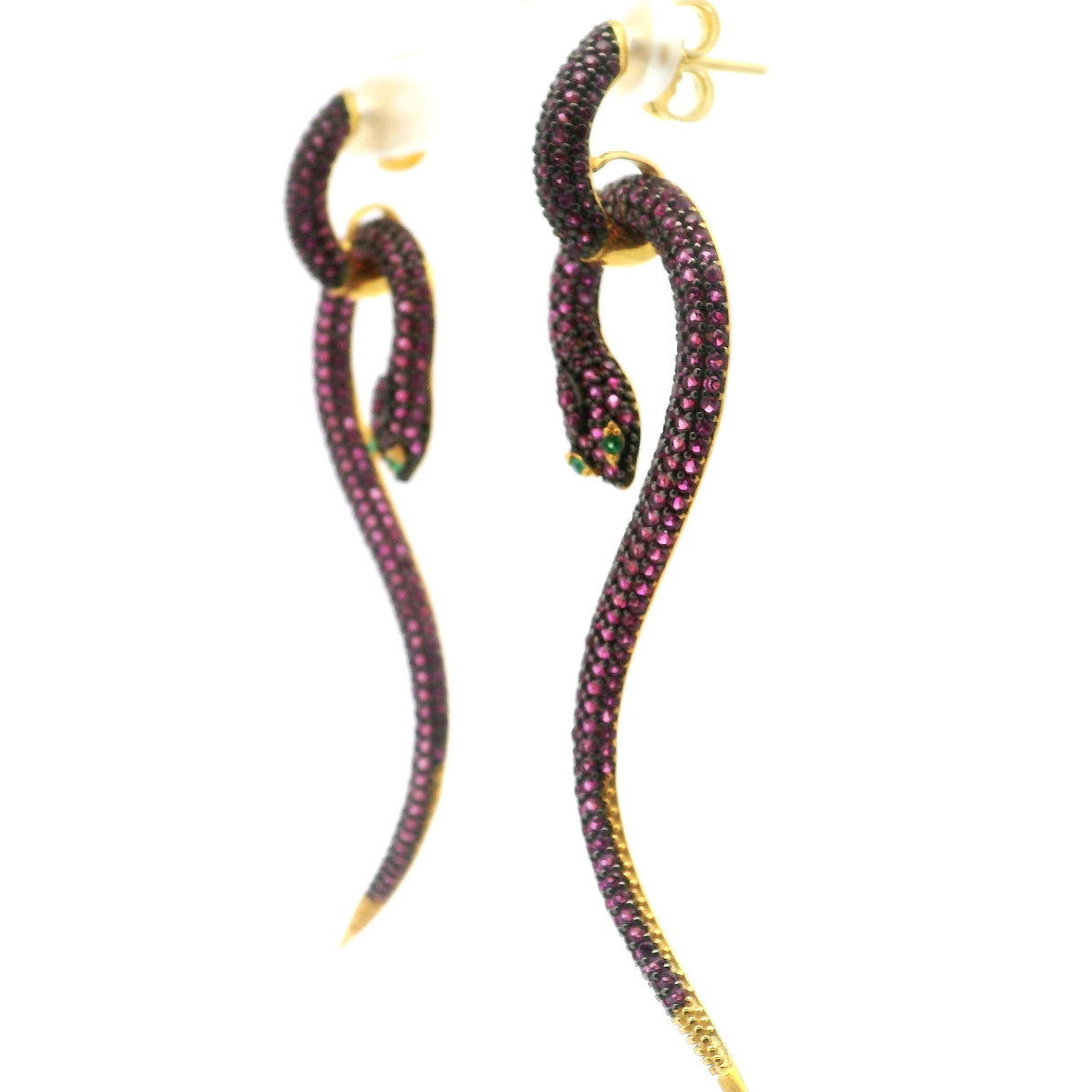 Nano Stone Dangle Earrings - Long Pink Snake with Green Eyes in Gold Vermeil over 925 Sterling Silver