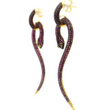 Nano Stone Dangle Earrings - Long Pink Snake with Green Eyes in Gold Vermeil over 925 Sterling Silver