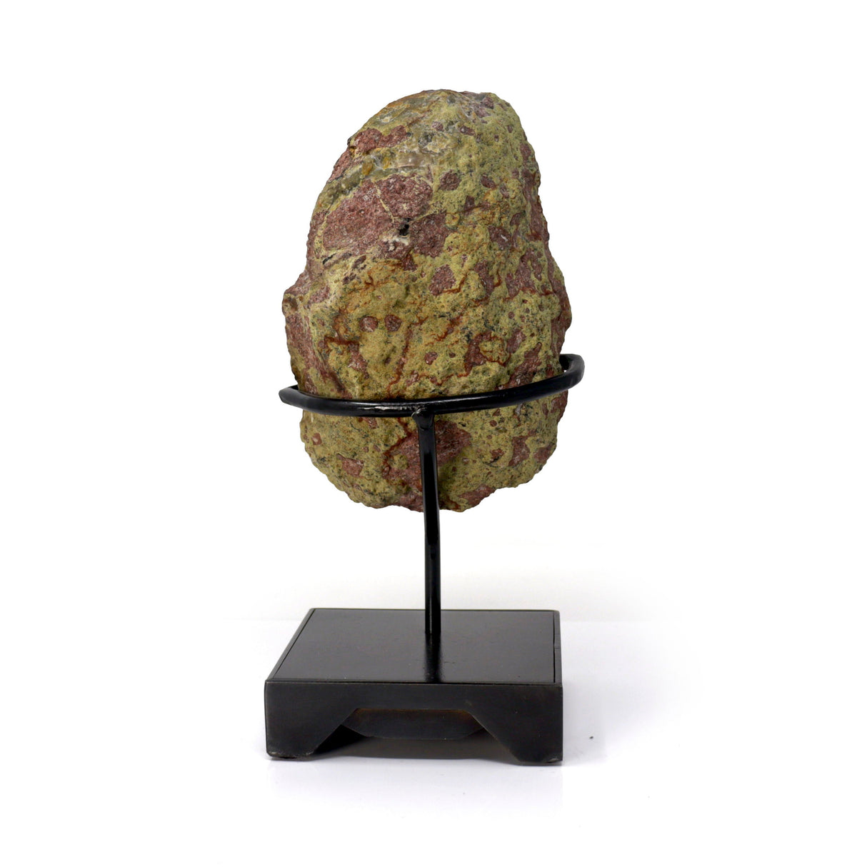 Agua Nueva Agate Geode on a Custom Black Square Stand with Trapezoidal Designs - Gray & Beige with a Small Druze Pocket