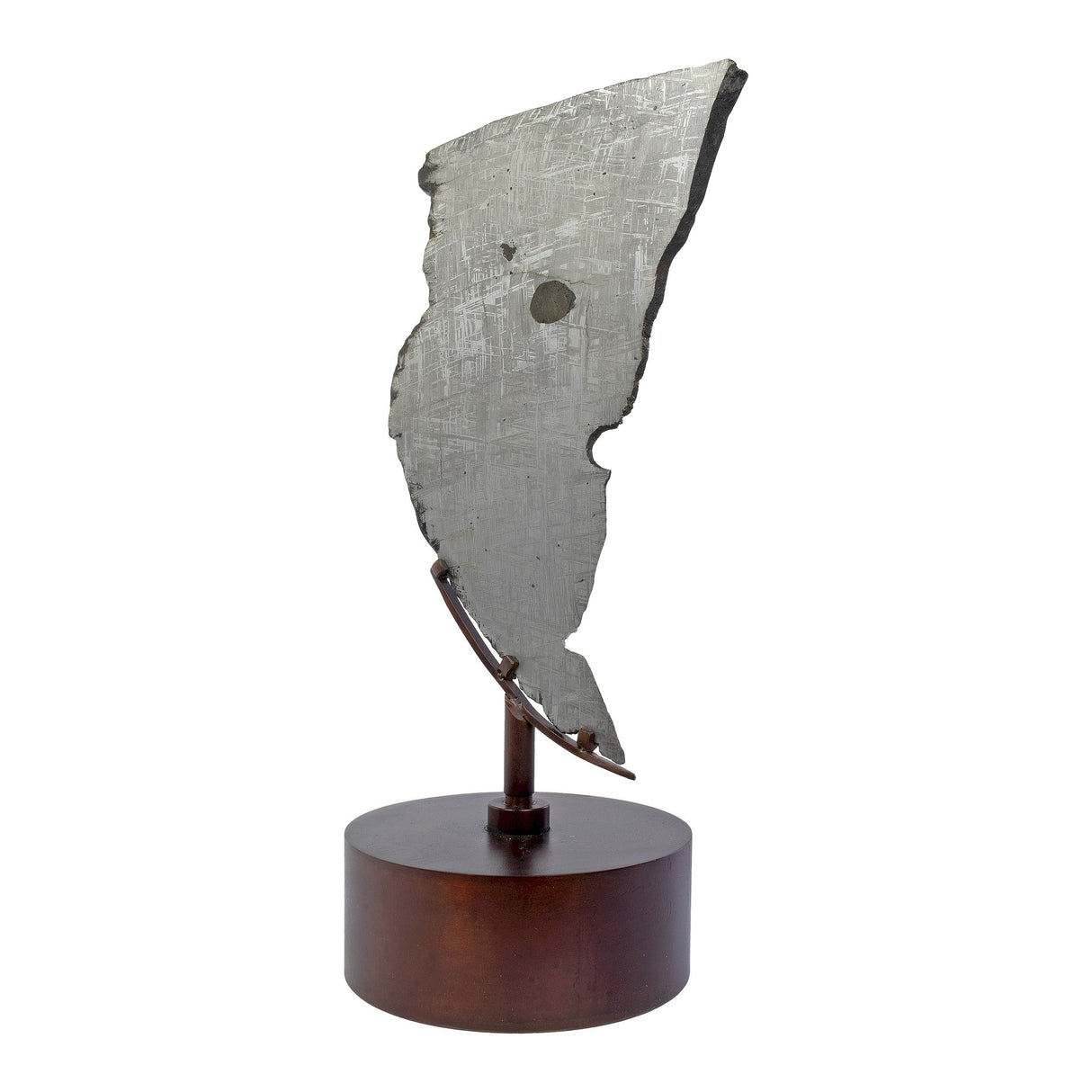 Muonionalusta Meteorite Slice with Troilite Inclusion on Steel Spinner Stand