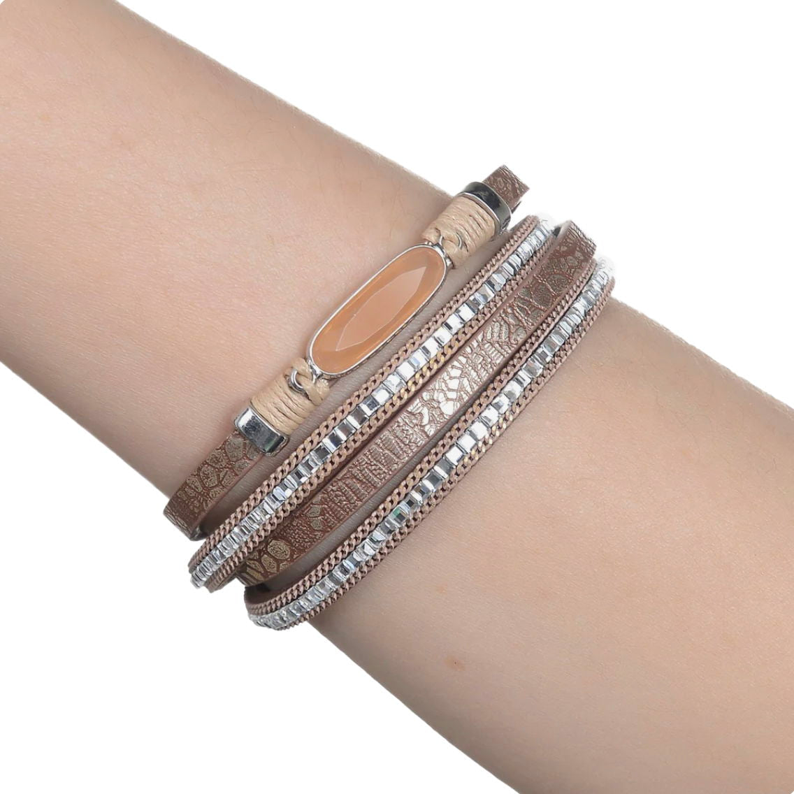 Double Wrap Animal Print on Brown Leather with Faceted Peach Oval Feature with Magnetic Clasp